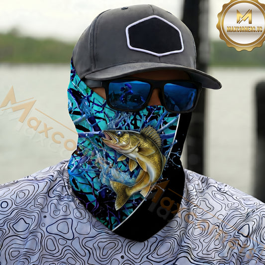 Maxcorners Fishing Graphic Dark Water Camouflage 3D Neck Gaiter (12 Fish Species)