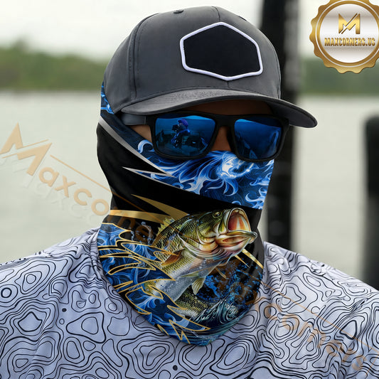 Maxcorners Fishing Flame Dark Blue Luxury Pattern 3D Neck Gaiter (12 Fish Species)
