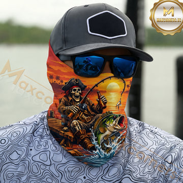 Maxcorners Fishing Pirate Skeleton Sunset 3D Neck Gaiter