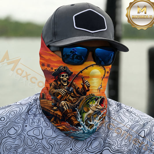 Maxcorners Fishing Pirate Skeleton Sunset 3D Neck Gaiter