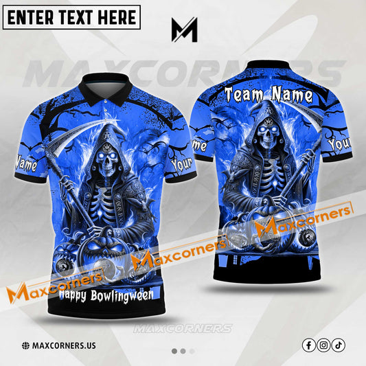Maxcorners Bowling Ball & Pins Wizard Skull Flame Halloween Pattern Multicolor Option Customized Name, Team Name 3D Polo Shirt (6 Colors)