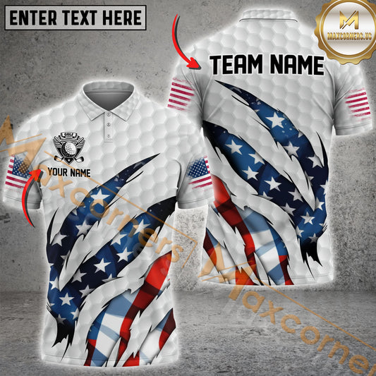 Maxcorners Golf US Flag Crack Multicolor Option Customized Name, Team Name 3D Polo Shirt