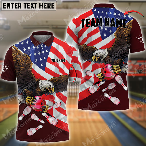 Maxcorners Bowling & Pins Eagle US Flag Multicolor Option Customized Name, Team Name 3D Polo Shirt (4 Colors)
