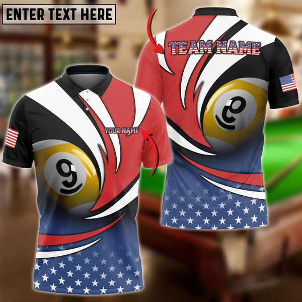 Maxcorners Biliiard American Flag Personalized Name, Team Name 3D Polo Shirt