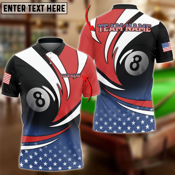 Maxcorners Biliiard American Flag Personalized Name, Team Name 3D Polo Shirt