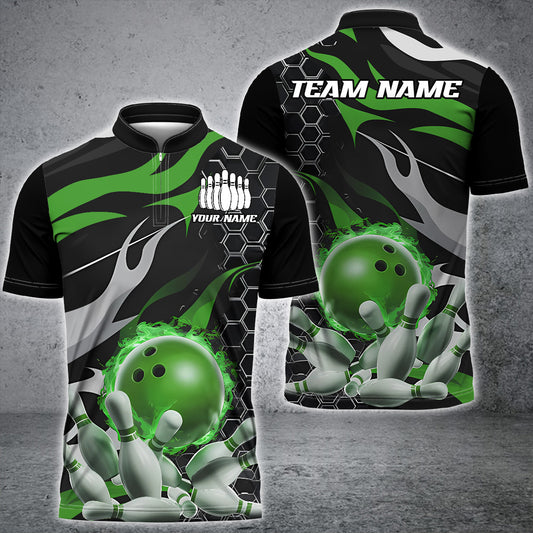 MaxCorners Bowling And Pin Green And Black Customized Name 3D Stand Collar Zipper Polo Shirt Unisex