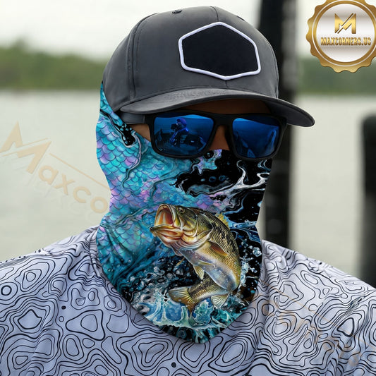 Maxcorners Fishing Largemouth Bass Neon Scale Water Splash 3D Neck Gaiter