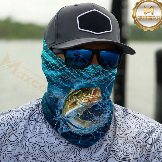 Maxcorners Fishing Largemouth Bass Aqua Blue Fish Scale 3D Neck Gaiter
