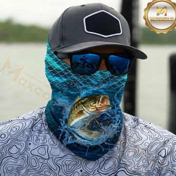 Maxcorners Fishing Largemouth Bass Aqua Blue Fish Scale 3D Neck Gaiter