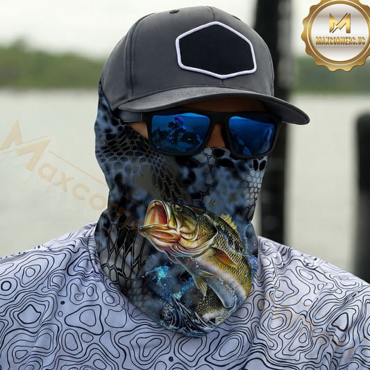 Maxcorners Fishing Dark Hexagon Texture Smoke 3D Neck Gaiter (13 Fish Species)