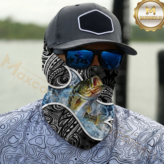 Maxcorners Fishing Largemouth Bass Tribal Pattern Black White Water Splash 3D Neck Gaiter