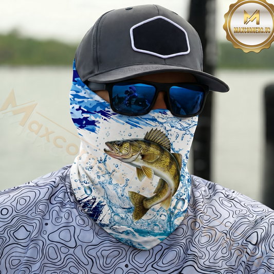 Maxcorners Fishing Water Splash Blue Fish Pattern 3D Neck Gaiter (13 Fish Species)