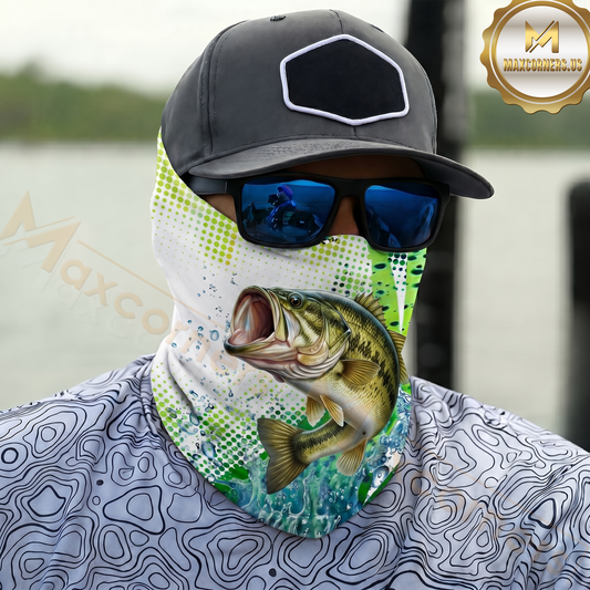 Maxcorners Fishing Green Camo Water Splash 3D Neck Gaiter (13 Fish Species)