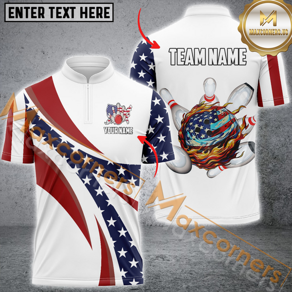 Maxcorners Ball And Pin USA Flag Pattern Bowling Jersey Personalized Name, Team Name 3D Shirt