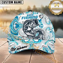 Maxcorners Personalized Bass Fishing Hat with Custom Name, Artistic Blue Water Pattern Cap, Unique Gift for Freshwater Anglers & Outdoor Fishermen