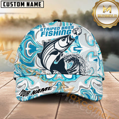 Maxcorners Personalized Striped Bass Fishing Hat with Custom Name, Artistic Blue Water Pattern Cap, Unique Gift for Freshwater Anglers & Outdoor Fishermen