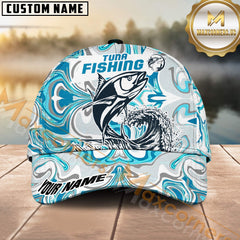 Maxcorners Personalized Tuna Fishing Hat with Custom Name, Artistic Blue Water Pattern Cap, Unique Gift for Freshwater Anglers & Outdoor Fishermen