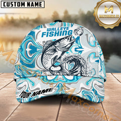 Maxcorners Personalized Walleye Fishing Hat with Custom Name, Artistic Blue Water Pattern Cap, Unique Gift for Freshwater Anglers & Outdoor Fishermen