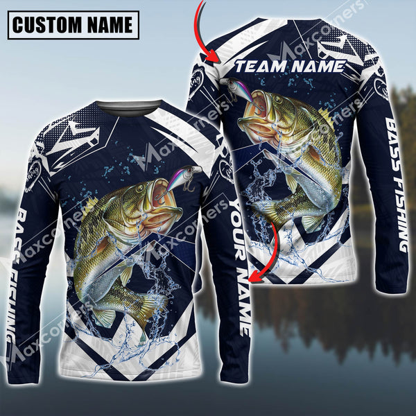 Maxcorners Bass Fishing Jersey Blue Water Sun Protection Personalized Name, Team Name Long Sleeve Shirt