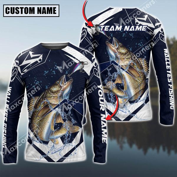 Maxcorners Walleyes Fishing Jersey Blue Water Sun Protection Personalized Name, Team Name Long Sleeve Shirt