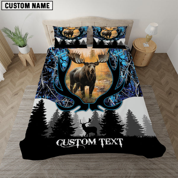 Maxcorners Custom Text Blue Moose Hunting Bedding Set 3D All Over Printed