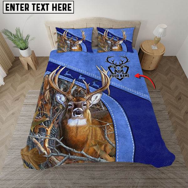 Maxcorners Custom Text Blue Deer Hunting Leather Pattern Bedding Set 3D All Over Printed