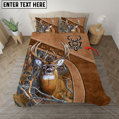 Maxcorners Custom Text Brown Deer Hunting Leather Pattern Bedding Set 3D All Over Printed