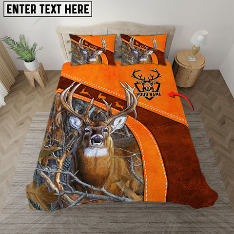 Maxcorners Custom Text Orange Deer Hunting Leather Pattern Bedding Set 3D All Over Printed