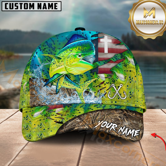 Maxcorners Mahi-Mahi Fishing American Flag Camo Cross Skin Pattern Customized Name 3D Cap