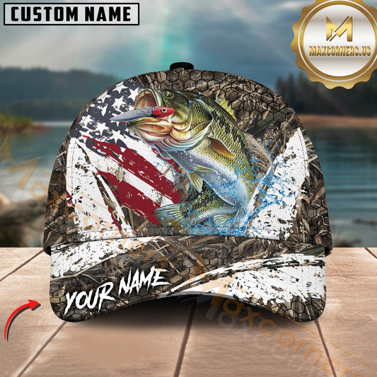 Maxcorners Bass Fishing American Flag Scratch Grass Camo Customized Name 3D Cap