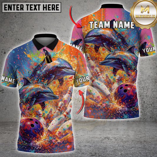 Maxcorners Bowling Abstract Water Dolphin Motion Bowling Ball & Pins Personalized Name, Team Name 3D Shirt