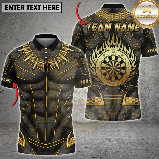 Maxcorners Darts Black Gold Muscle Armor Flaming Dartboard Personalized Name, Team Name 3D Shirt