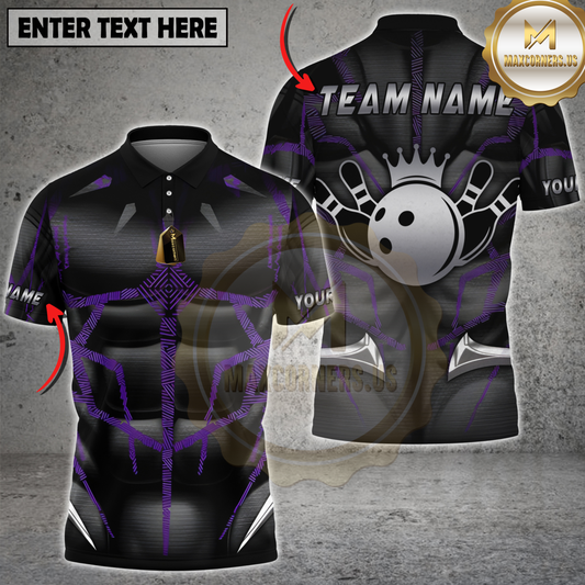 Maxcorners Bowling Purple Muscle King Crown Bowling Ball & Pins Personalized Name, Team Name 3D Shirt
