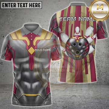 Maxcorners Bowling Mecha Armor Red Gold Striking Pins Personalized Name 3D Unisex Shirt