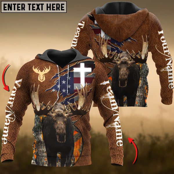 Maxcorners Moose Hunting USA Flag Wild Personalized Name, Team Name 3D Hoodie