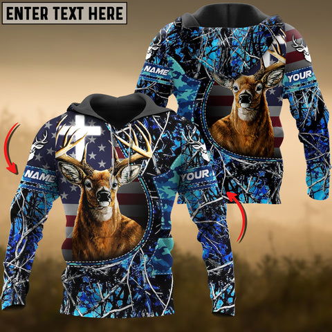 Maxcorners Blue Wilderness Deer Hunting USA Flag Custom Name Shirt 3D All Over Printed Clothes