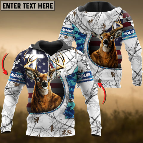 Maxcorners White Wilderness Deer Hunting USA Flag Custom Name Shirt 3D All Over Printed Clothes