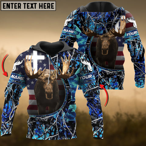 Maxcorners Blue Wilderness Moose Hunting USA Flag Personalized Name 3D Hoodie