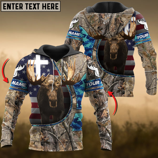 Maxcorners Grass Brown Wilderness Moose Hunting USA Flag Personalized Name 3D Hoodie