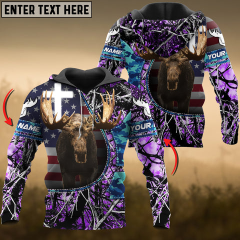 Maxcorners Purple Wilderness Moose Hunting USA Flag Personalized Name 3D Hoodie