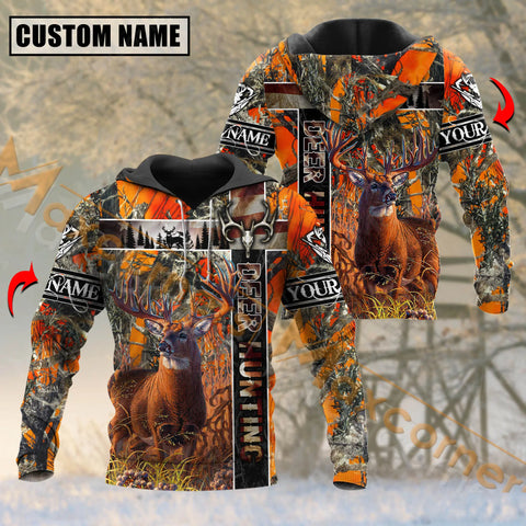 Maxcorners Deer Hunting Vintage USA Flag Orange Camouflage Pattern Custom Name Shirt 3D All Over Printed Clothes