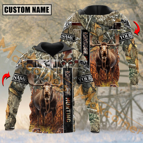 Maxcorners Moose Hunting Vintage USA Flag Grass Brown Camouflage Pattern Custom Name Shirt 3D All Over Printed Clothes