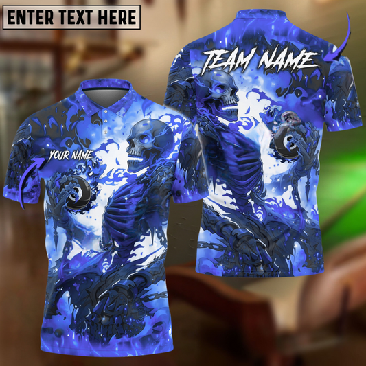 Maxcorners Billiard Ball 8 Flame Skeleton Multicolor Options Personalized Name, Team Name 3D Polo Shirt (6 Colors)