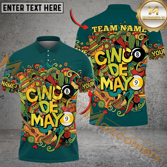Maxcorners Ball 8&Ball9 Cinco De Mayo Billiard Jersey Multicolor Options Personalized Name, Team Name 3D Polo Shirt (4 Colors)