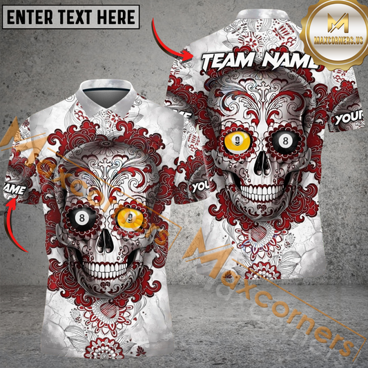 Maxcorners Ball 8&Ball 9 Sugar Skull Art Billiard Jersey Multicolor Options Personalized Name, Team Name 3D Polo Shirt (4 Colors)