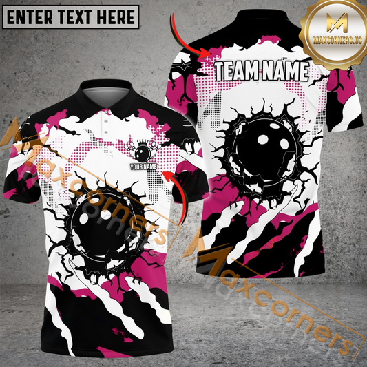 Maxcorners Ball Broken Bowling Jersey Multicolor Customized Name, Team Name 3D Polo Shirt (4 Colors)