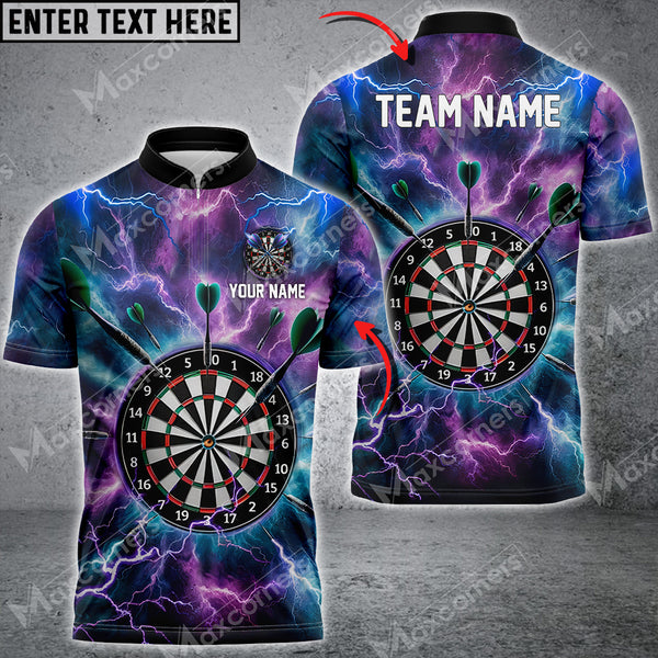 MaxCorners Darts Purple Thunder Lightning Customized Name, Team Name 3D Polo Shirt For Men