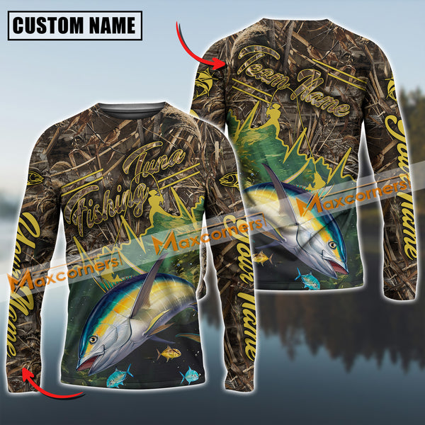 Maxcorners Tuna Fishing Camo Pattern Personalized Name, Team Name Long Sleeve Shirt