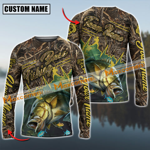 Maxcorners Bass Fishing Camo Pattern Personalized Name, Team Name Long Sleeve Shirt