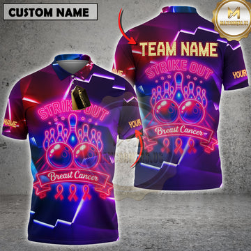 Maxcorners Bowling Strike Out Breast Cancer Neon Style Personalized Name, Team Name Unisex 3D Shirt